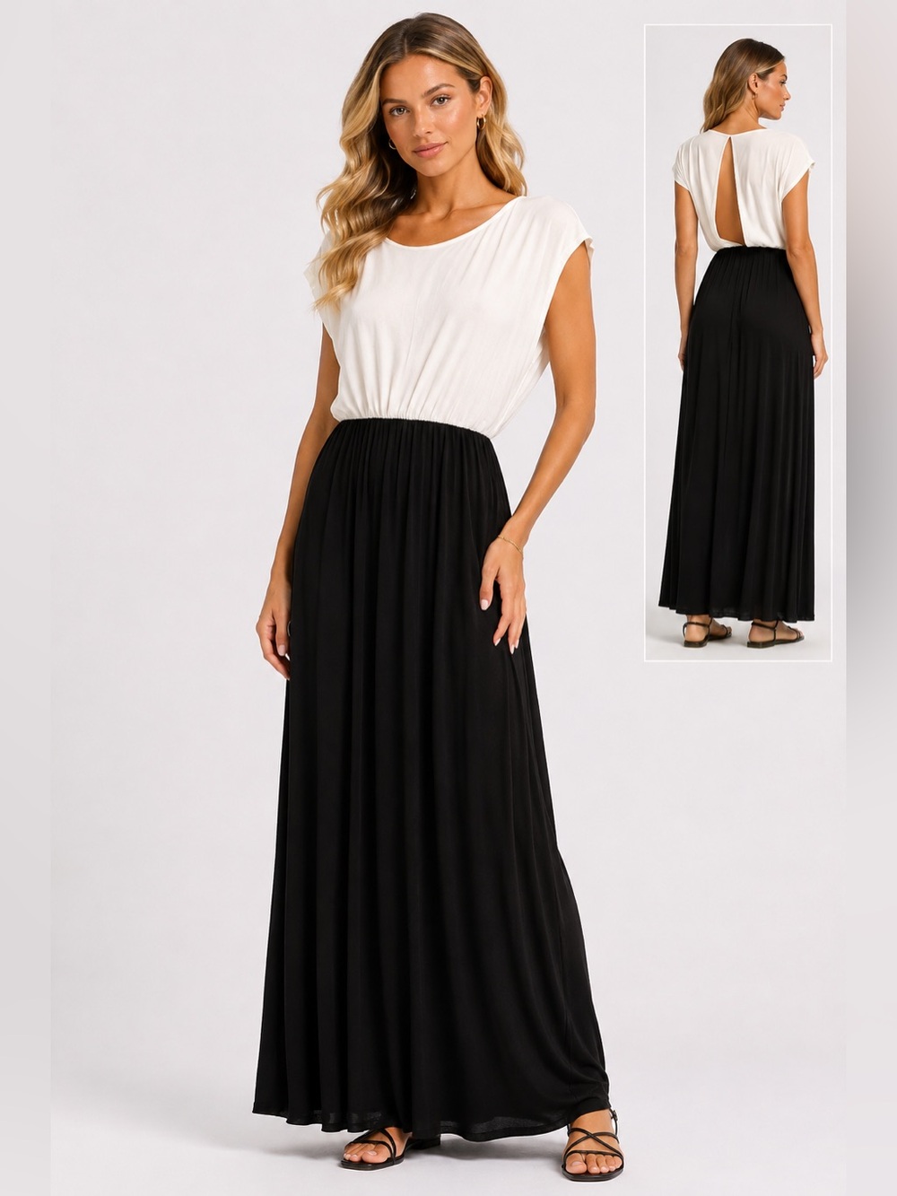 NWT ALICE + OLIVIA Black & White Colorblock Maxi Dress With Open Back Detail Lar